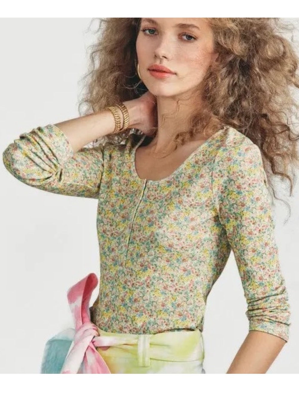 LoveShackFancy Anaya Henley Top Rainbow Skies Ditsy Floral Print Size Small NWT